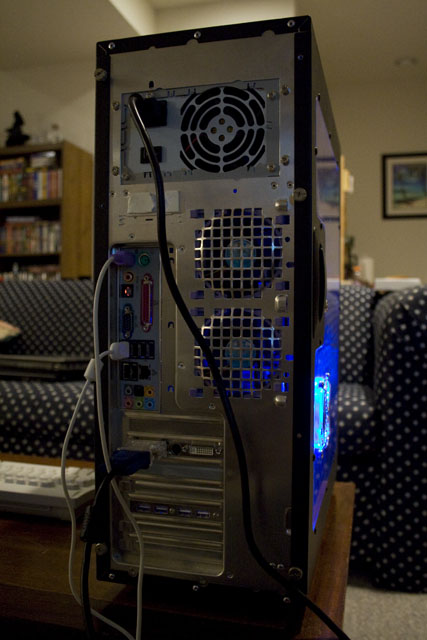desktop4sale03 View of the rear of the computer. Note the 2 80mm fans, 10 USB ports, 6 channel audio, etc.