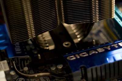 IMG_2022 A closeup of the Prolimatech Megahalems set on the CPU, but not yet bolted in place